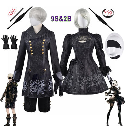 Anime Nier Automata Cosplay 9S Yorha 2B Cosplay Anzug Männlich Frauen Outfit Perücke Verkleidung Kostüm Plus Größe Fancy Party Schwarzes Kleid