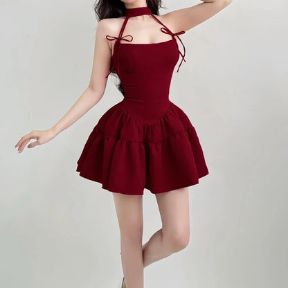 IAMHOTTY Robe de soirée de Noël trapèze sans manches rouge noir Kawaii nœud licou robe de bal robes de princesse Kawaii Lolita coréenne