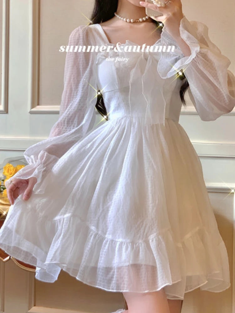 HOUZHOU Robe Kawaii Blanche Femmes Mousseline De Soie Style Lolita À Manches Longues Mini Robes Nœud Fée Robe Volants Patchwork Col Carré