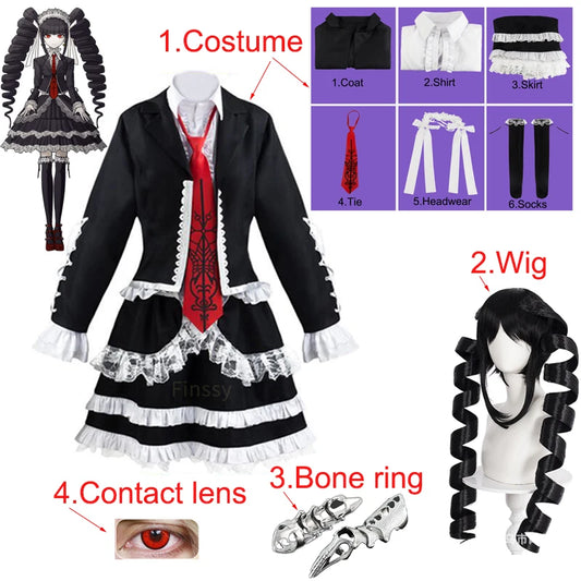 Costume de Cosplay de Danganronpa Celestia Ludenberg, perruque de Cosplay de Yasuhiro Taeko, anneau en os en métal, vêtements comprenant une chemise, une cravate et des chaussettes