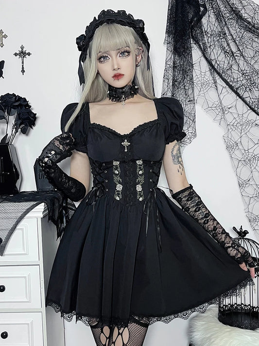 AltGoth Vintage Gothic Prinzessin Kleid Frauen Dark Harajuku Lace Up Kreuz Korsett Kleid Streetwear Partywear Lolita Kleid Weiblich