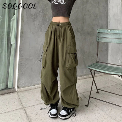 Cargohose mit Kordelzug und Tasche für Damen, Sommer, lässig, Y2K, weite Beine, Streetwear, hohe Taille, Jogginghose, koreanische Baggy-Hose