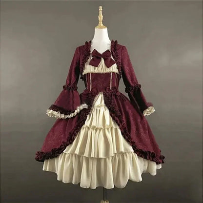 Medieval Retro Gothic Court Lolita Dress Square Neck Waist Spliced Bow Dress Strawberry Lolita