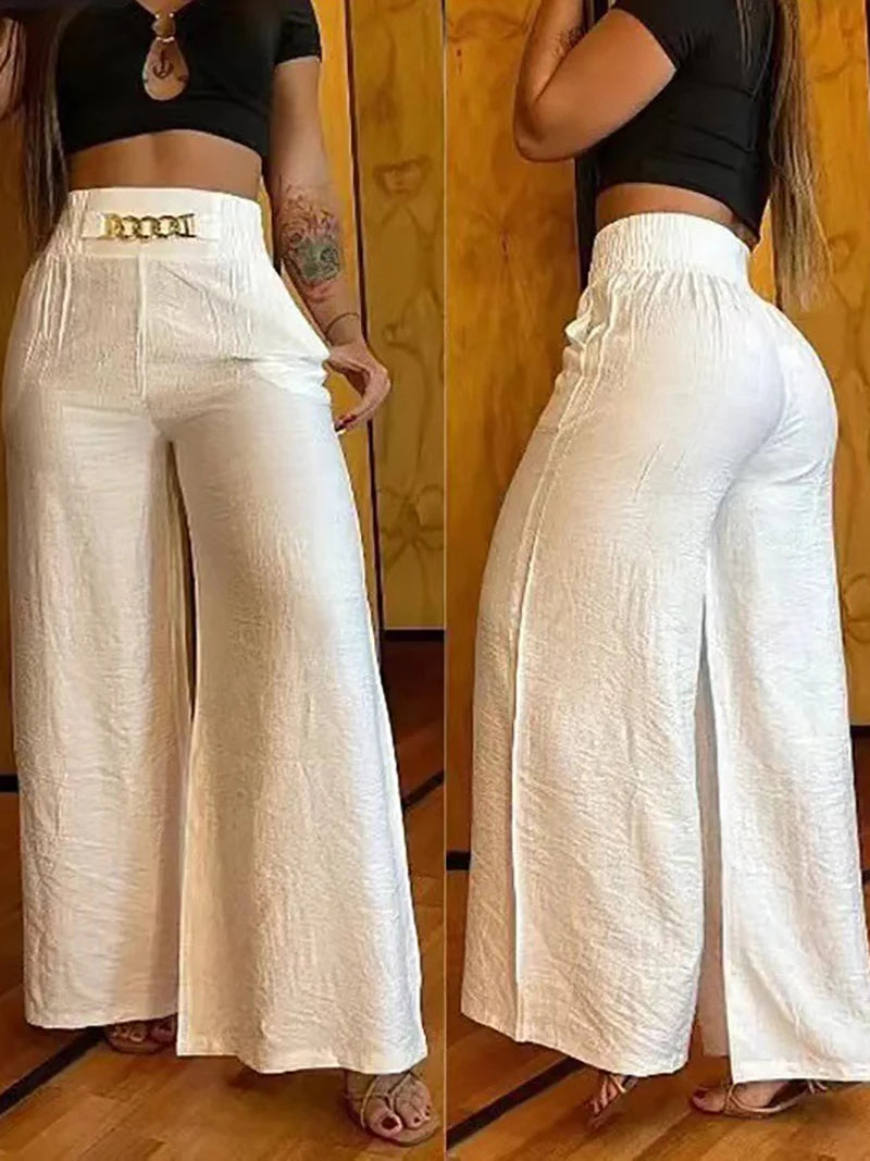 Pantalon large taille haute de couleur unie pour femme, pantalon décontracté en métal, élégant, ample, streetwear, été, bureau, pantalon droit