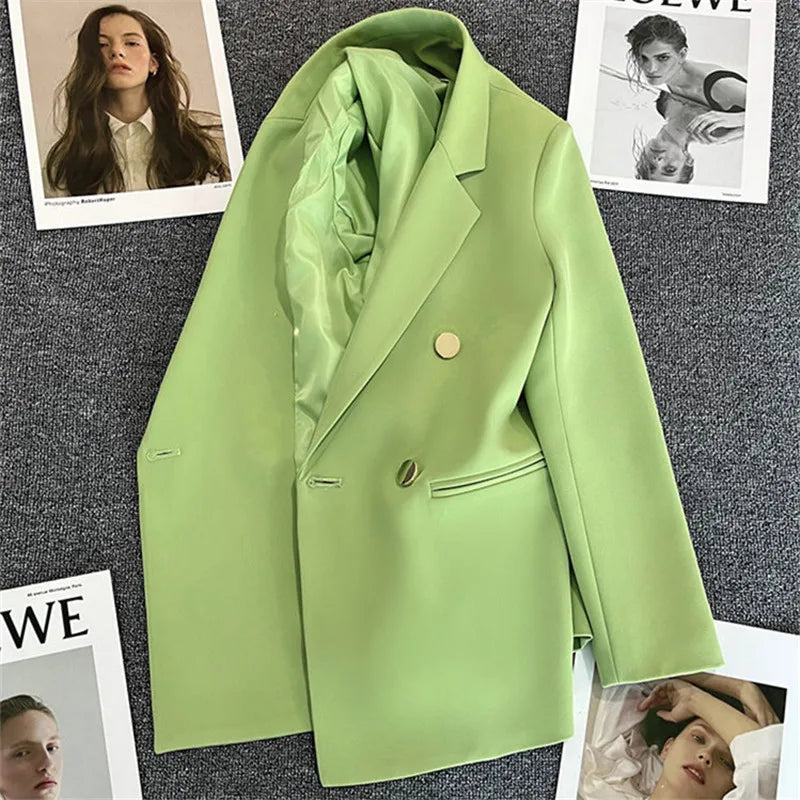 Chic Blazer Frau Herbst Frühling Langarm Zweireiher Revers Lose Mantel Schlank Casual Jacken Büro Damen Vintage Blazer