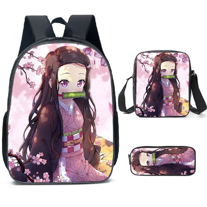 Anime Fashion Demon Slayer: Kimetsu No Yaiba Süßer Nezuko-Schulranzen-Rucksack Schülerrucksack Dreiteiliges Geschenk zum Schulanfang