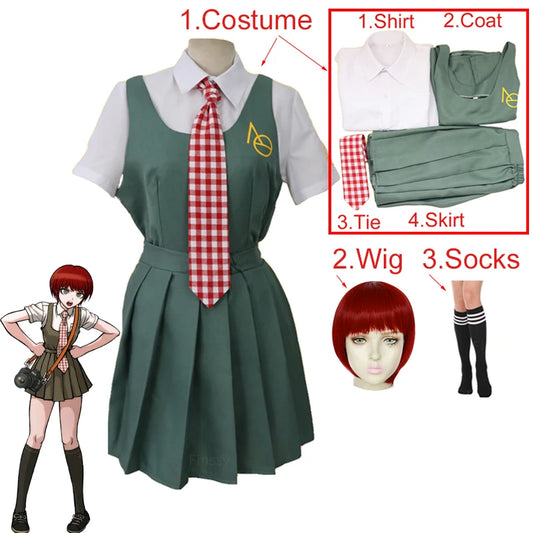 Anime Kostüme Danganronpa Koizumi Mahiru Cosplay Kostüm High School Student Uniform Rote Perücke Socken