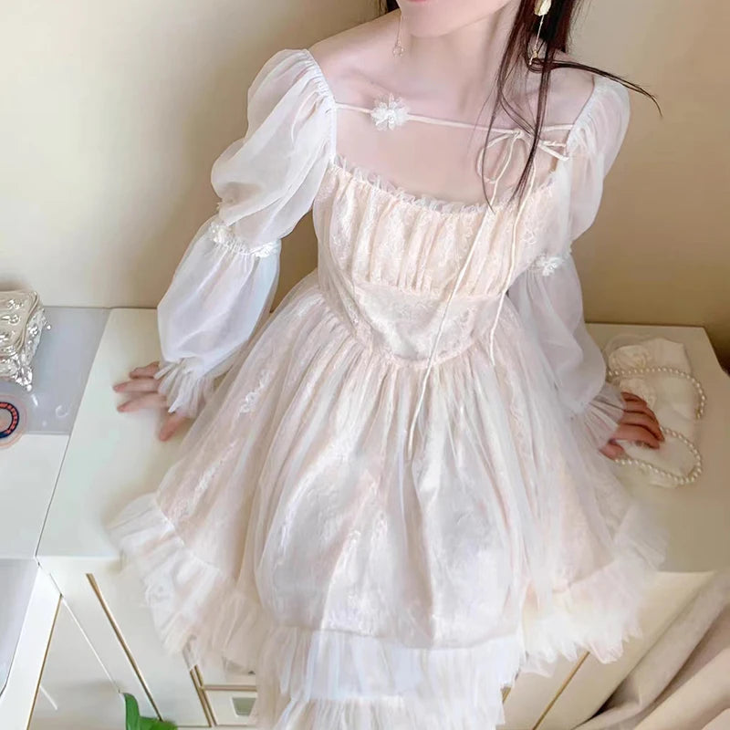 Robe Lolita Kawaii à manches longues pour femme, mini robe décontractée vintage, style féerique japonais, esthétique, une pièce