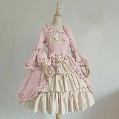 Medieval Retro Gothic Court Lolita Dress Square Neck Waist Spliced Bow Dress Strawberry Lolita