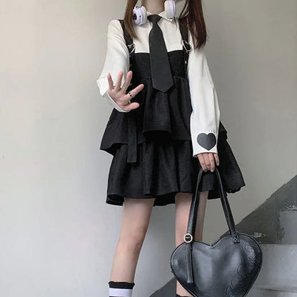 HOUZHOU Kawaii Robe Lolita Noire Femmes Volants Superposés Japonais Sans Manches Bretelles Mignon Mini Robe Style Preppy Robe D'été Scolaire