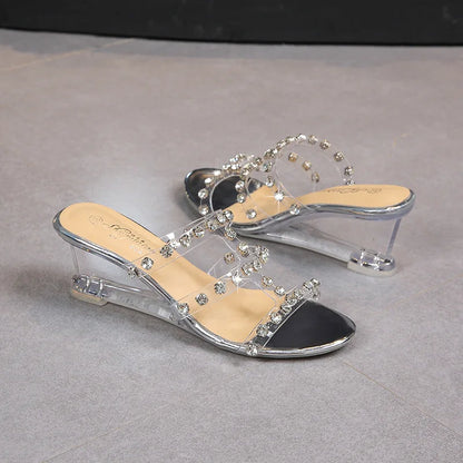 Sandales à plateforme pour femmes Chaussures à talons compensés Chaussures polyvalentes Boucle en strass Pantoufles simples Transparent LFD-1098-41