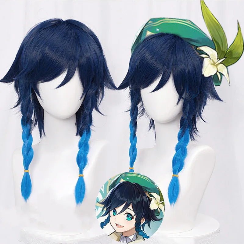 Genshin Impact Venti Cosplay Unisexe 50cm Bleu Perruque Cosplay Anime Cosplay Tresse Perruques Synthétiques Résistantes à la Chaleur + Bonnet de Perruque