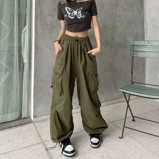 Pantalon cargo ample à jambe large Y2k pour femme, jogging décontracté, couleur unie, taille haute, avec cordon de serrage, streetwear, pantalon de survêtement ample