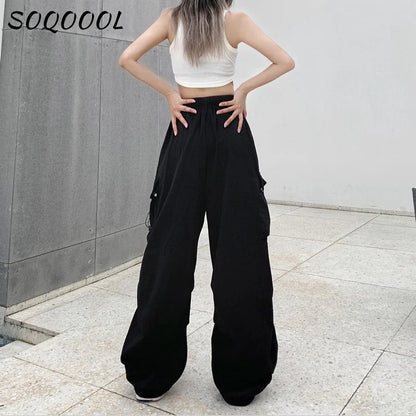 Cargohose mit Kordelzug und Tasche für Damen, Sommer, lässig, Y2K, weite Beine, Streetwear, hohe Taille, Jogginghose, koreanische Baggy-Hose