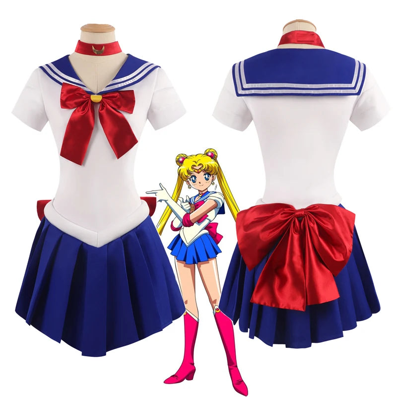 Costume de Cosplay pour adulte Sailor Moon Tsukino Usagi pour femme, ensemble de 7 pièces, robe de marin en cristal, perruque, accessoires, tenue uniforme pour Halloween