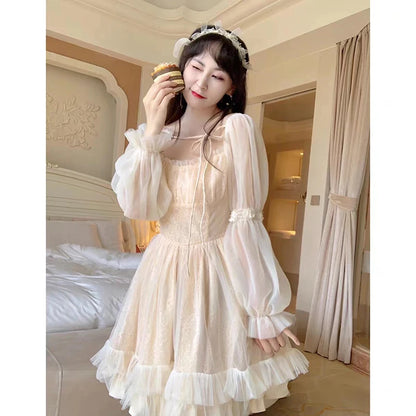 Robe Lolita Kawaii à manches longues pour femme, mini robe décontractée vintage, style féerique japonais, esthétique, une pièce