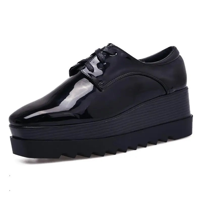 Patent Leather Flatform Shoes Women's Platform Soles 2024 Spring New Lace-up Square Toe Wedge Shoes Casual British Wear HZB