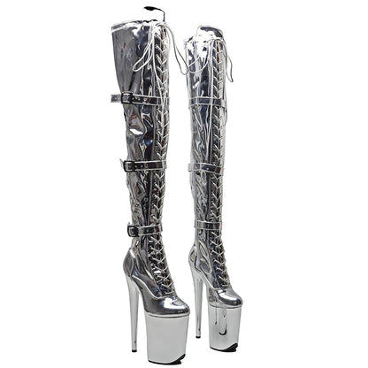 Leecabe  23CM/9inches Shiny PU  upper Sexy boots    Silver  electroplate High Heels Platform Pole Dance shoes