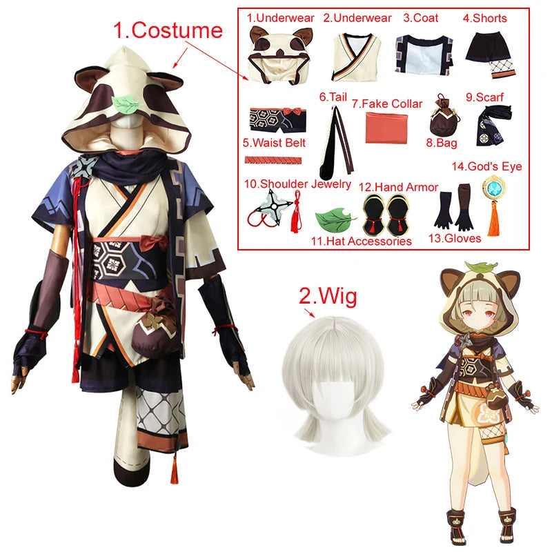 Costume de Cosplay d'Halloween Genshin Impact Sayu, perruque de Cosplay d'anime, vêtements comprenant une queue, un gant, un sac banane, l'œil de Dieu