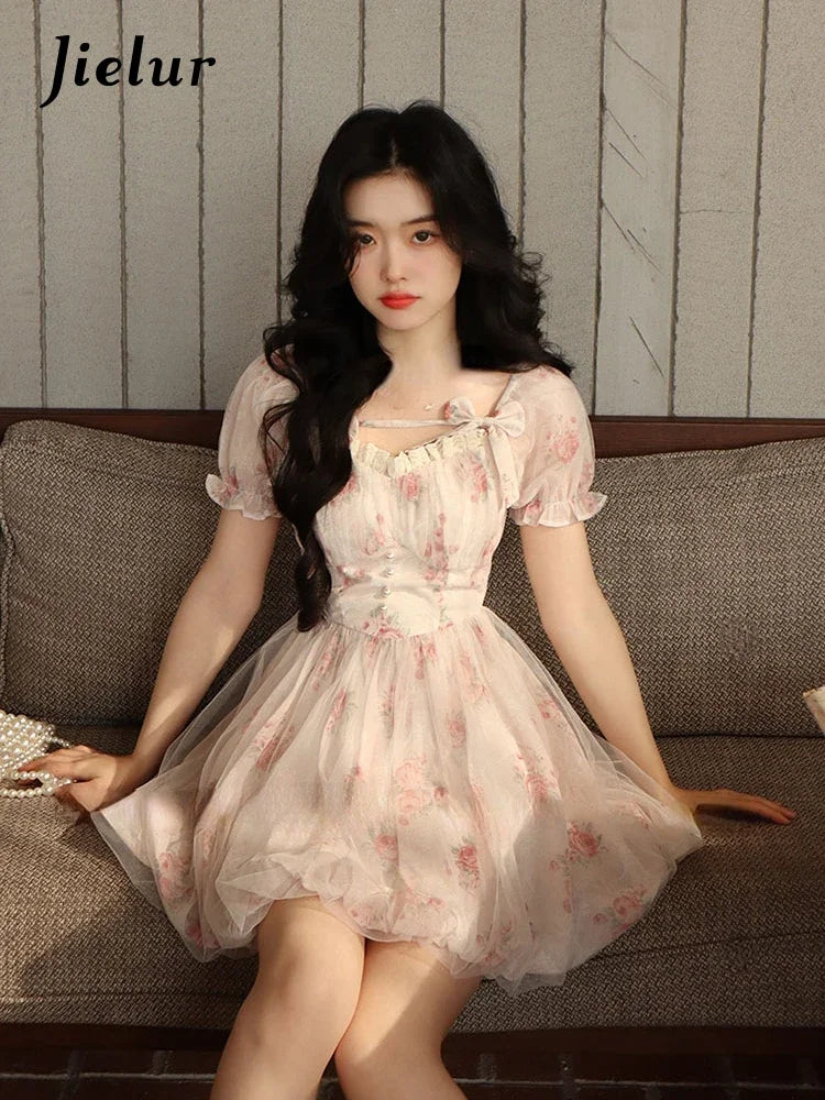 Jielur Lolita Pink Y2k Mini Dress Woman Beach Short Sleeve Floral Dress New Korean Fashion Casual Sweet Short Party Dress Summer