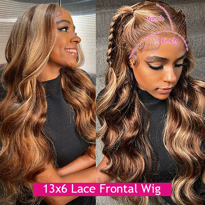 Perruque sans colle Wear Go perruques de cheveux humains en dentelle frontale blonde miel colorée Ombre Highlight Body Wave 13x6 HD perruque frontale en dentelle en vente