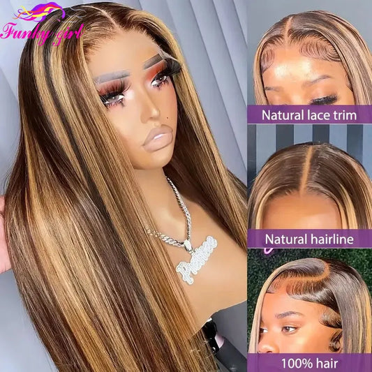 Perruque Lace Front Wig Ombre Blonde Miel Cheveux Raides 13x4 HD Transparent Lace Front Wigs Cheveux Humains Pré-épilés