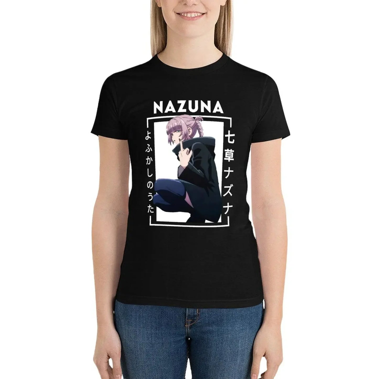 Ruf der Nacht - Nazuna Mittelfinger T-Shirt Anime Kleidung Tees Kawaii Kleidung Grafiken Workout T-Shirts für Frauen