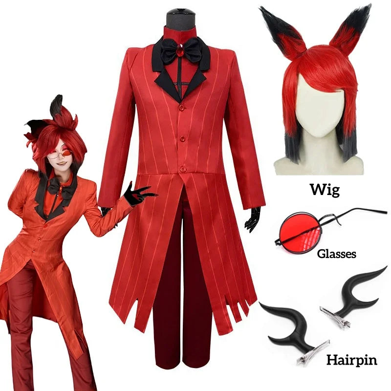 Alastor Hazbin Cosplay Kostüm Hotel Radio Demon Cosplay Rote Jacke Hemd Hosen Handschuhe Krawatte Uniform Halloween