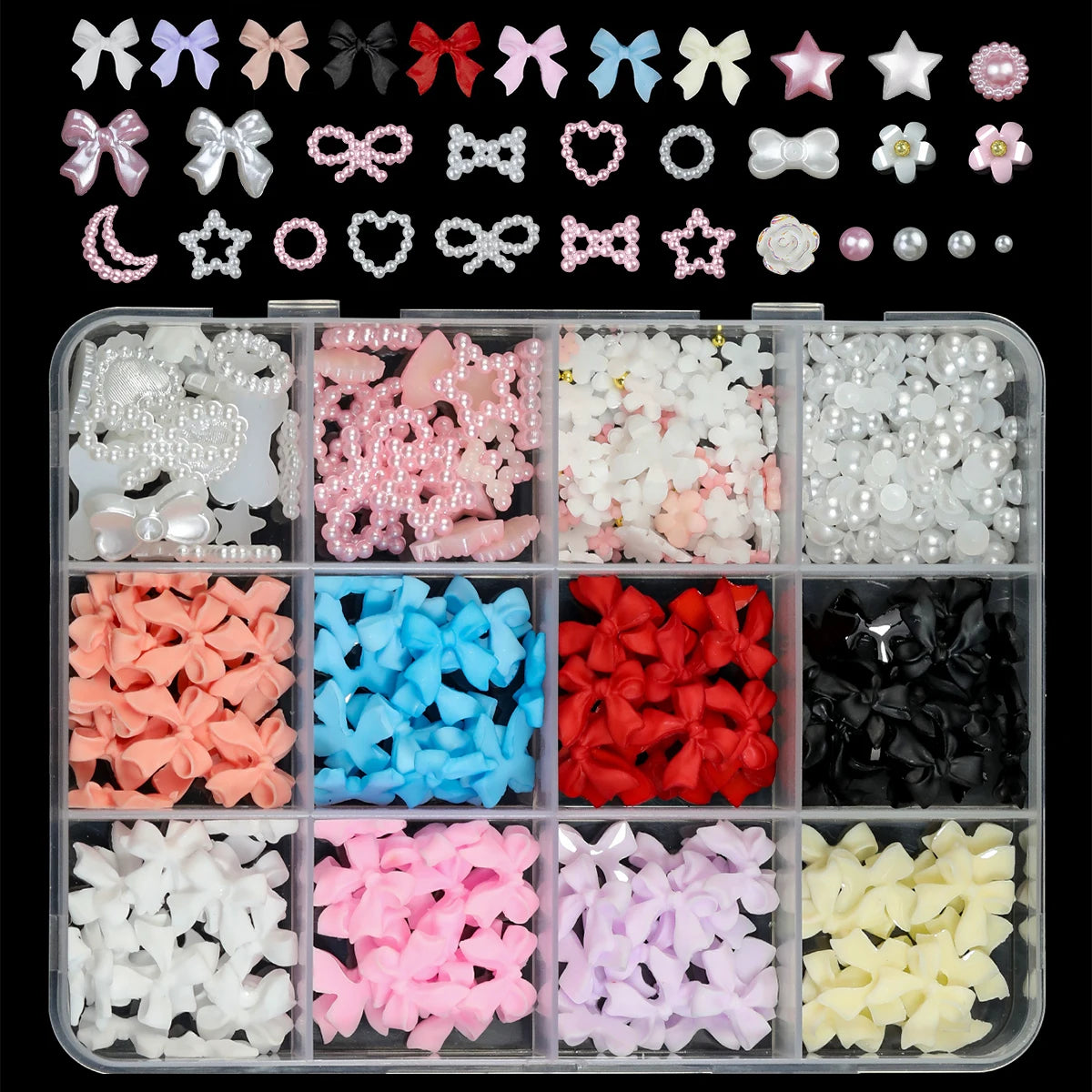 12Grids/box Mixed Resin Bowknot Nail Art Decorations 3D Acrylic Charms Kawaii Colorful Bow Rhinestone DIY Manicure Tools Parts