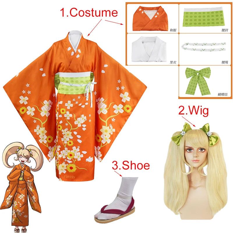 Anime Danganronpa Saionji Hiyoko Cosplay Kostüm Damen Festival Kimono Doppel Pferdeschwanz Perücke Schleife Kopfschmuck