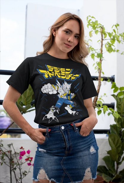 Digimon Adventure T-Shirt Waren Garurumon Gabumon Anime Mädchen Schwarzes Shirt Alle Größen