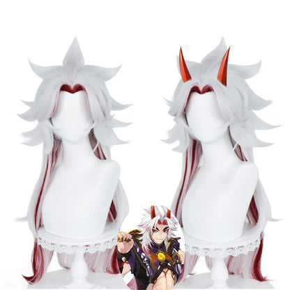 Genshin Impact Arataki Itto Cosplay Perruque Accessoires Cheveux Résistants À La Chaleur Pré-Coiffés Anime Perruque Arataki Itto Corne