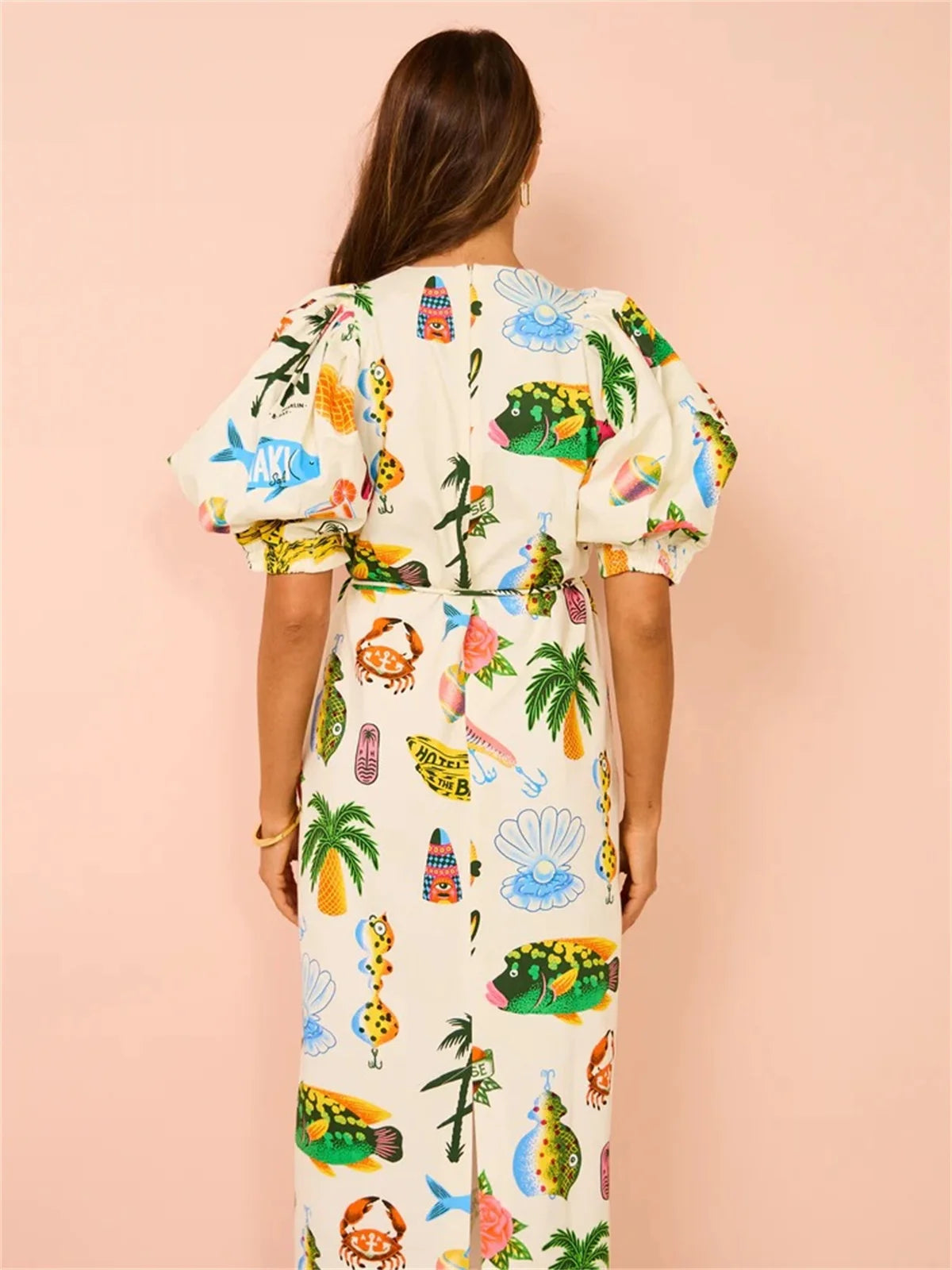 O-Neck Printed Bubble Sleeve Dress Tie Slit Fashion Dresses Women's Summer New Beach Vacation Bohemian Long Vestidos Loose Robes