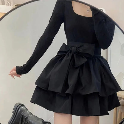 Robe noire Hepburn pour femme, printemps-automne, Lolita, pur désir, sensation haut de gamme, vintage, taille ajustée, col carré, petite robe bouffante