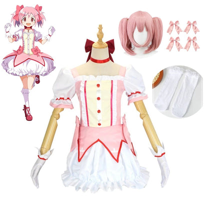 Anime Magic Girl Kaname Madoka Cosplay Kostüm Halloween Damen Rosa Perücke Kleid Inklusive Handschuhe Weißen Spitzensocken