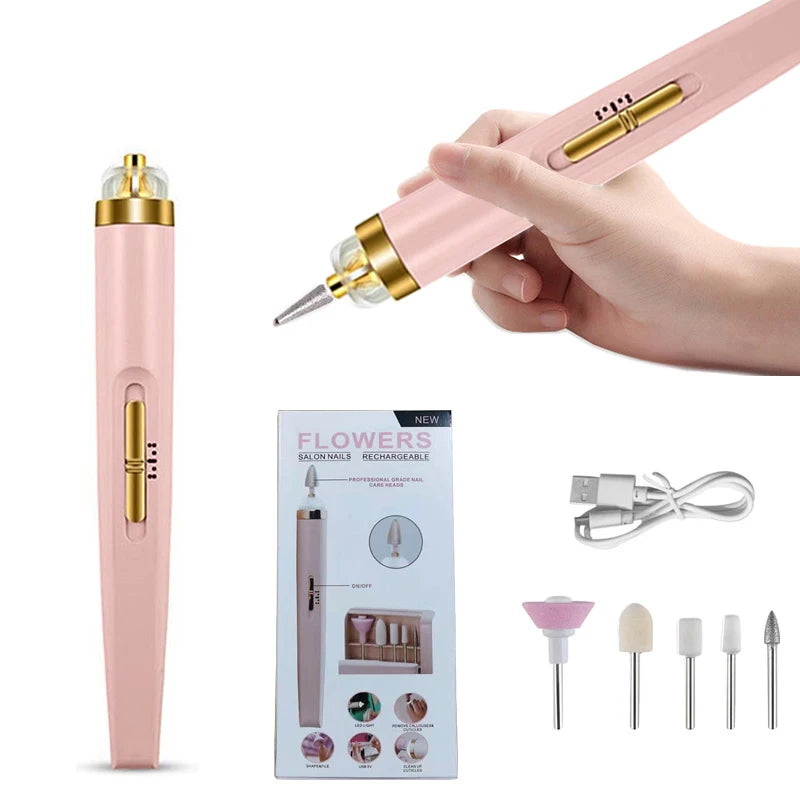 Perceuse à ongles électrique 5 en 1 avec lumière, mini stylo de manucure électrique portable, outils pour enlever le gel