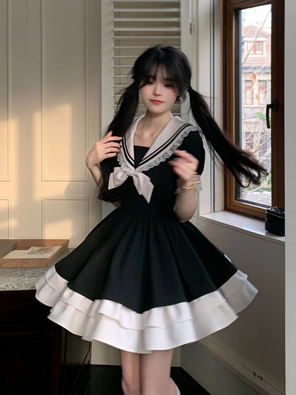 Schwarzes Kleid Damen Schleife Japanisches süßes Lolita-Kleid Damen Süße Spitze Puffärmel Studentenkleider Party Matrosenkragen Kawaii Kleid