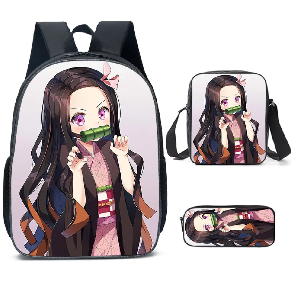 Anime Fashion Demon Slayer: Kimetsu No Yaiba Süßer Nezuko-Schulranzen-Rucksack Schülerrucksack Dreiteiliges Geschenk zum Schulanfang