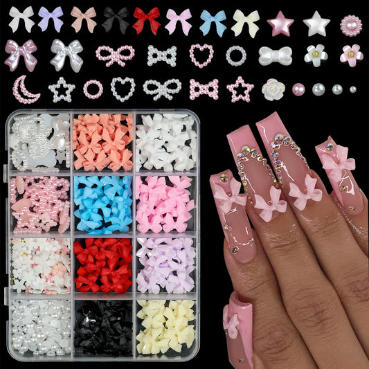 Lot de 12 grilles/boîte de décorations pour ongles en résine mixte avec nœud papillon 3D en acrylique, breloques colorées Kawaii, strass, outils de manucure à faire soi-même