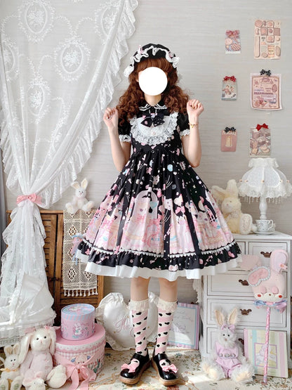 KIMOKOKM Sweet Lolita Style Col Carré Chat Impression Designer JSK Robe Nœud Sans Manches Dentelle Volants Dentelle Girly Camisole Robe