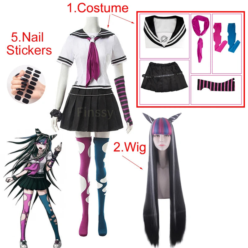 Anime Danganronpa Mioda Ibuki Cosplay Kostüm Bunte Teufelshornperücke für Frau Halloween Karneval Kostüm Requisiten