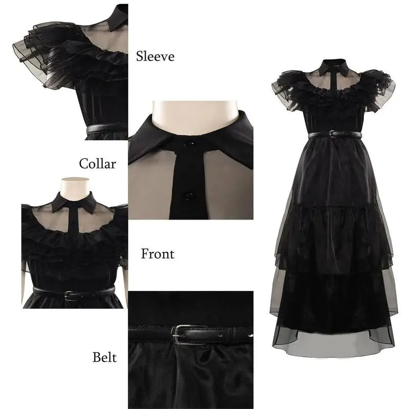 Addams Cosplay Kostüm Kleid Erwachsene Frauen Schwarz Addams Kleider Cosplay Outfits Halloween Karneval Party Kleider Anzug