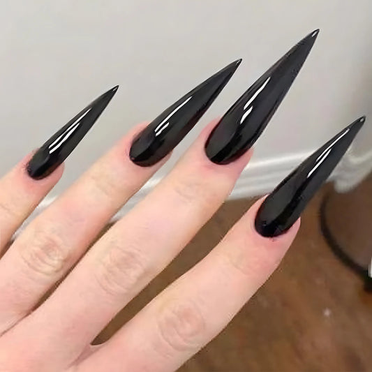 Lot de 24 faux ongles noirs brillants à presser, couleur unie, longs ongles stiletto amovibles, décoration pour ongles artificiels