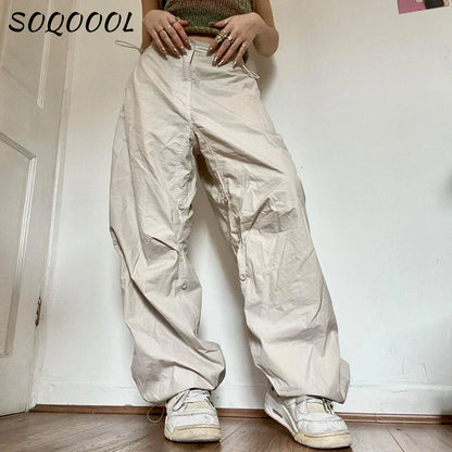 Y2K Drawstring Cargo Pants Women Low Waist Pocket Sweatpant Streetwear Vintage Baggy Wide Leg Trousers Oversized Parachute Pants