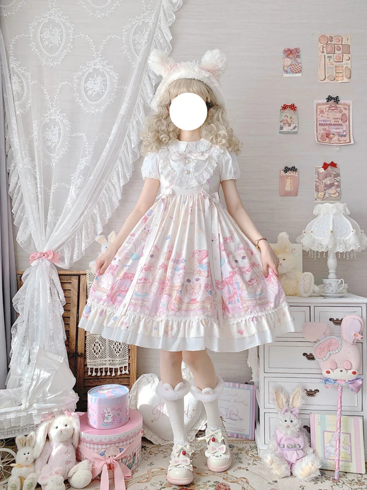 KIMOKOKM Sweet Lolita Style Col Carré Chat Impression Designer JSK Robe Nœud Sans Manches Dentelle Volants Dentelle Girly Camisole Robe