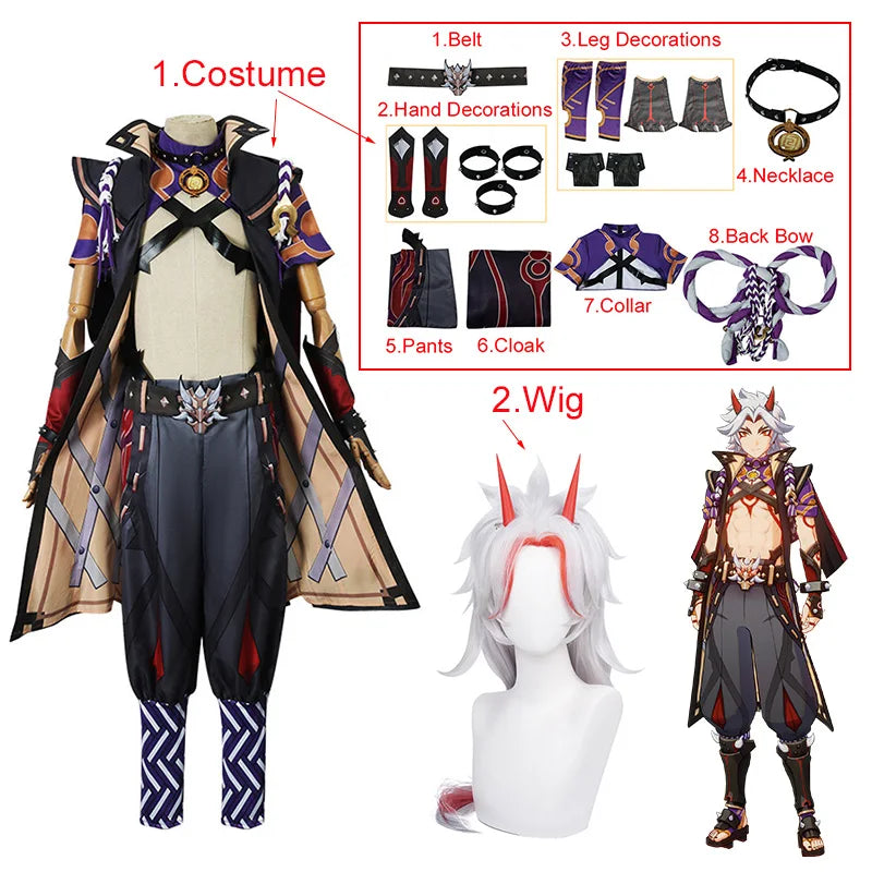 Costume de Cosplay d'Halloween Genshin Impact Arataki Itto, perruque de Cosplay d'anime, vêtements comprenant un collier, un nœud arrière et une ceinture