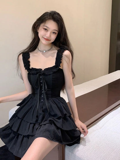 Jmprs Sexy Slip Lolita Style Black Dress Women Vintage Sleeveless Y2K Mini Dress Summer Slim Sweet Korean Lace Up Cake Dress New