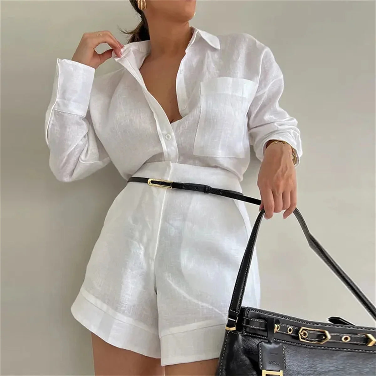 2024 Casual Beach Suits Mode Été Coton Lin Lâche Volants Shorts Costumes Femmes Manches Longues Cordon Pull 2 ​​Pièces Ensemble