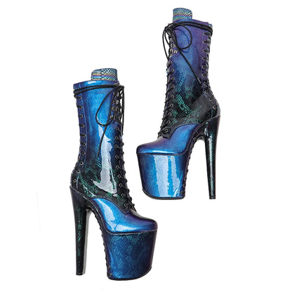 Leecabe 20CM/8Inch glänzendes Schlangenhautmaterial mit Schnürsohle und Obermaterial High Heels Pole Dance Stiefel