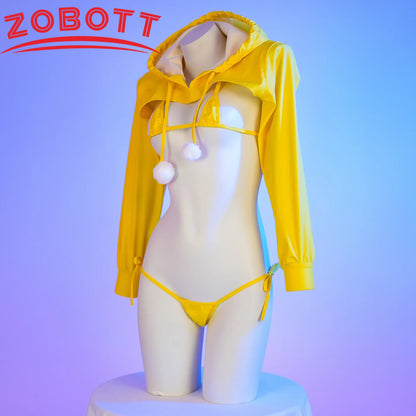 Anime Pu Leder Bikini Set Hoodie Top Cosplay Kostüm Sexy Japanische Mädchen Unterwäsche Nachthemd Rollenspiel Student Outfits Dessous